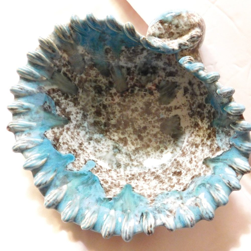 Vintage Italian Pottery Ceramic Shell Dish Turquoise and Black Numbered